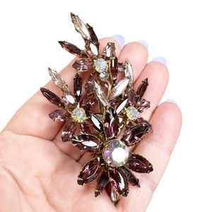 Vintage Large Estate Navette Glass Rhinestone AB Brooch